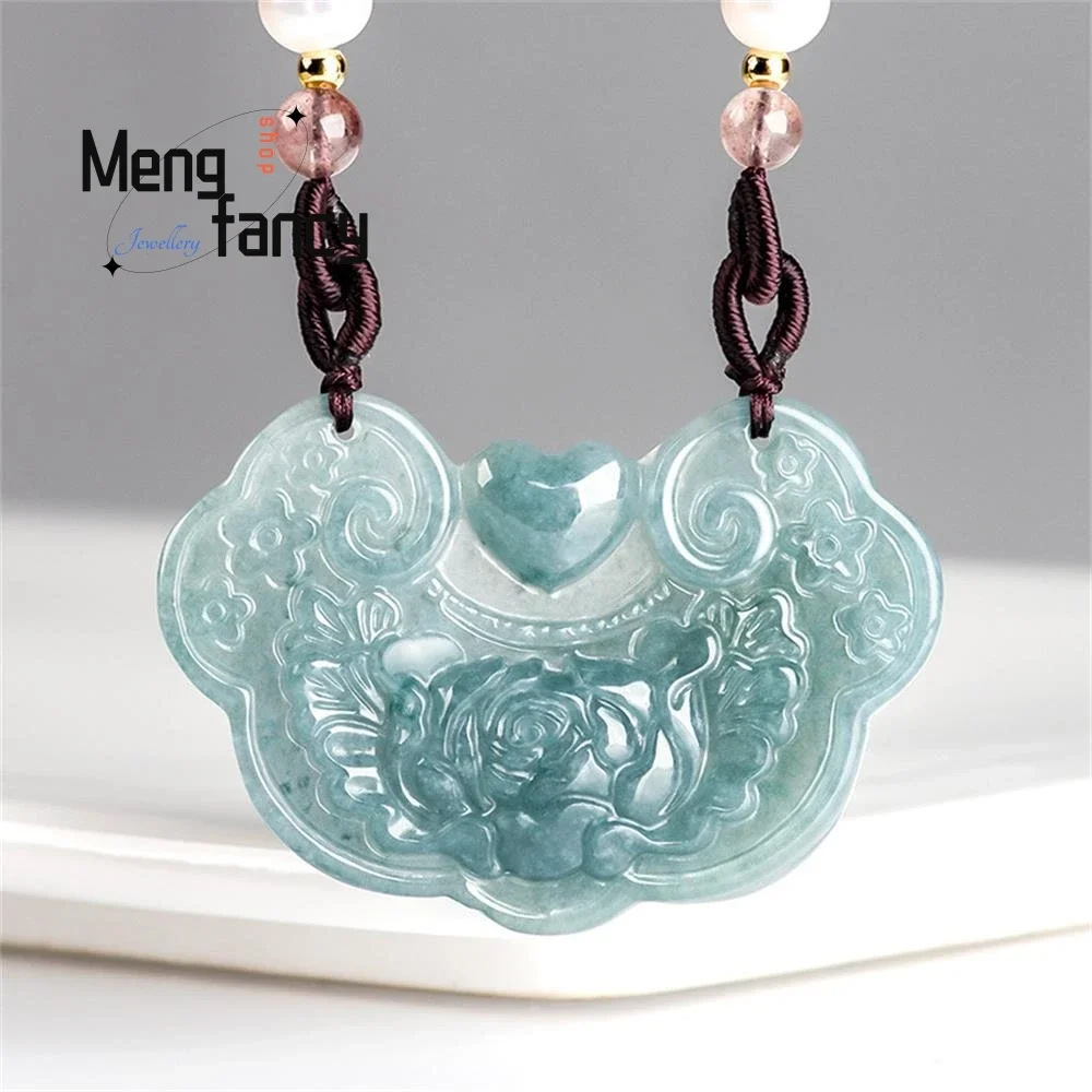 Natural A-goods Jadeite Blue Water Blossoms Rich And Auspicious Jade Pendant Exquisite Handicraft Best Selling Fashion Jewelry