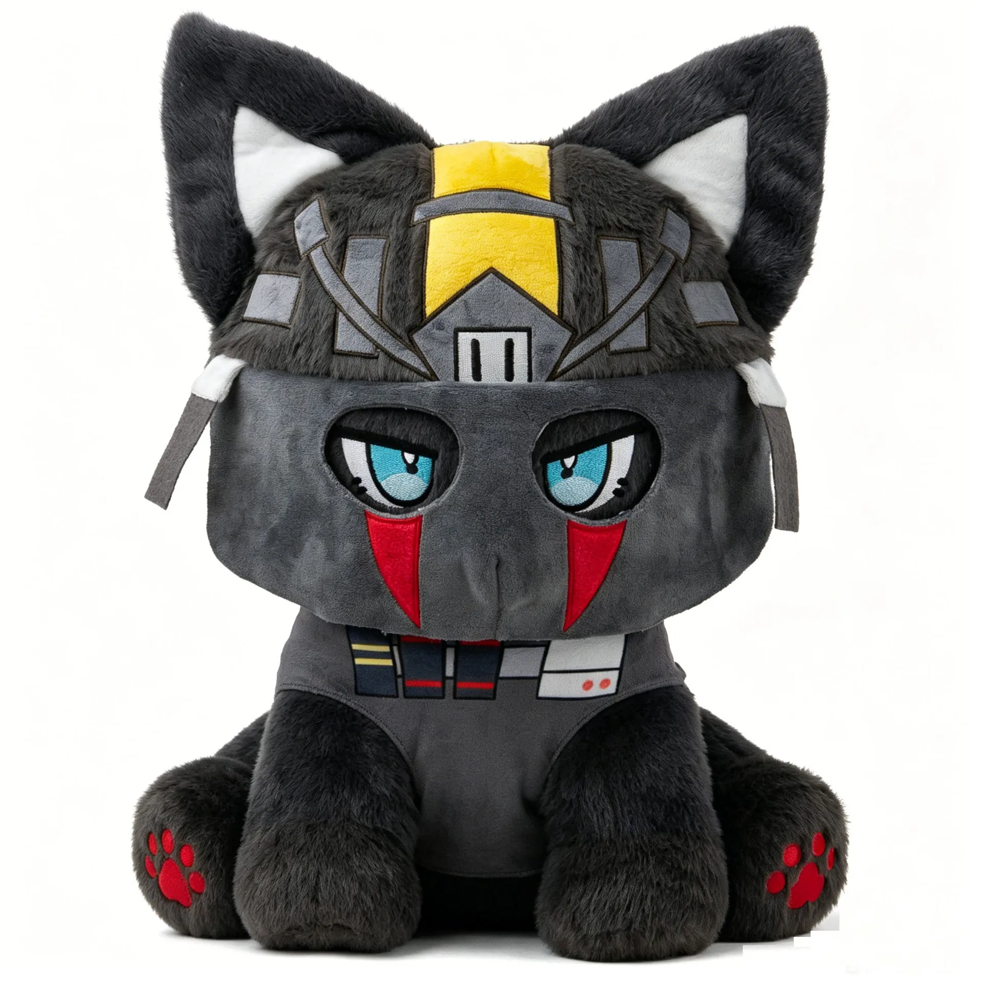 Cool Armored Robot Cat Plush Toy Fluffy Dark Gray Kitten Stuffed Doll Unique Red Cheek Mark Design Desk Ornament Xmas Birthday G
