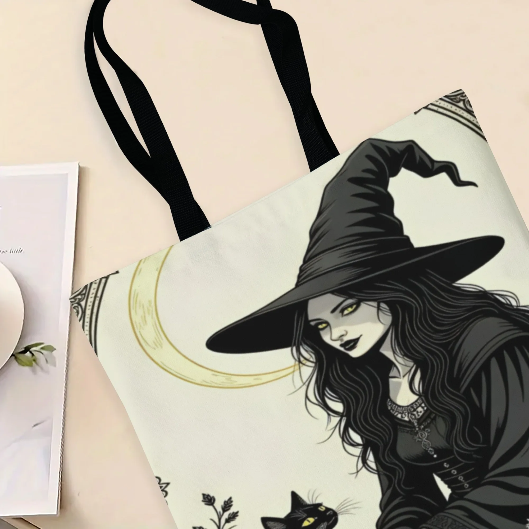 Mysterious Canvas Tote Bag Witch & Cat Design for Women Eco-Friendly Reusable Suitable for Gothic Gatherings Occult Exhibitions