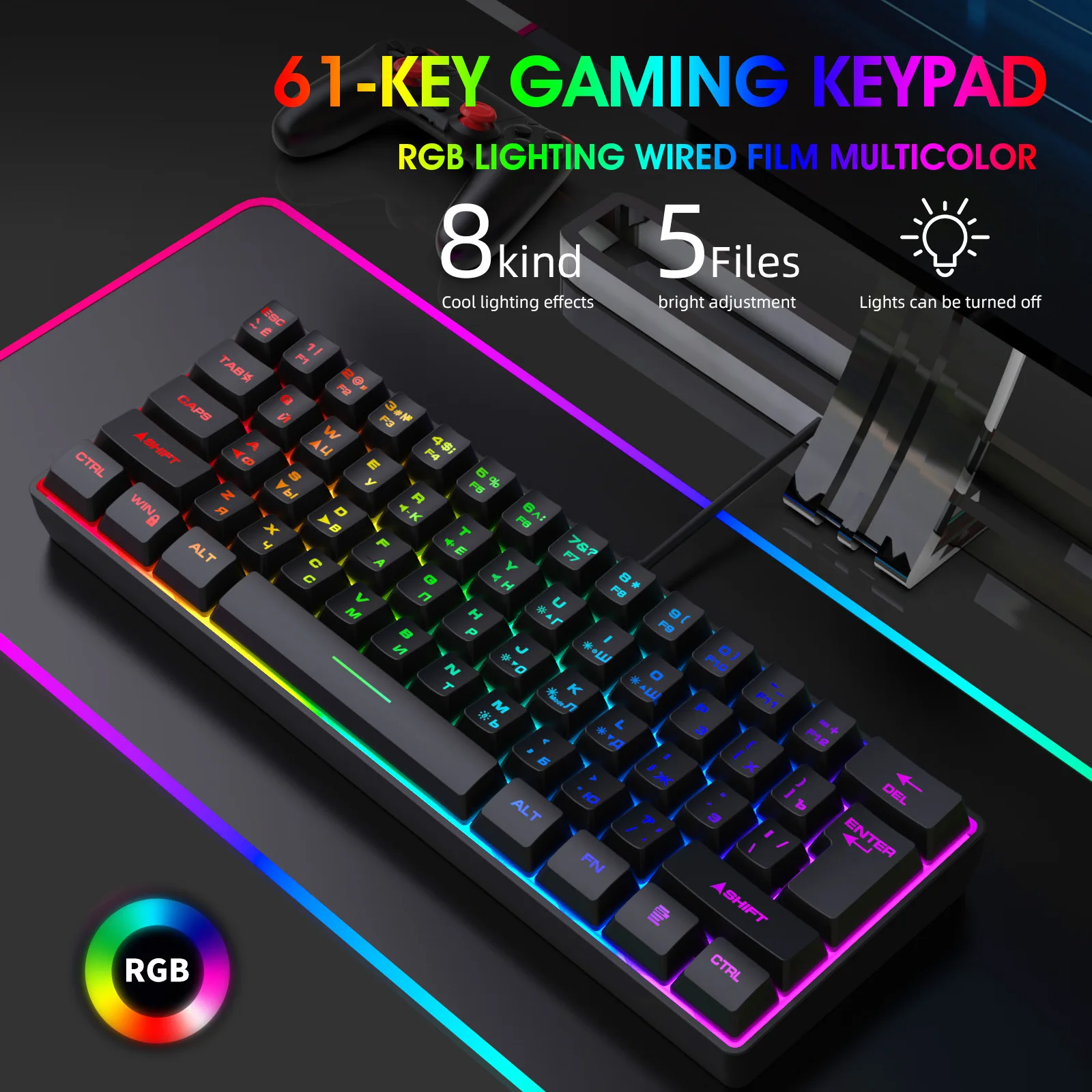 Russian Keyboard English RGB Lighting 61 Keys 60% Layout Gaming Keyboard ISO USB Wired Full Key No Impact K401 For Game Office