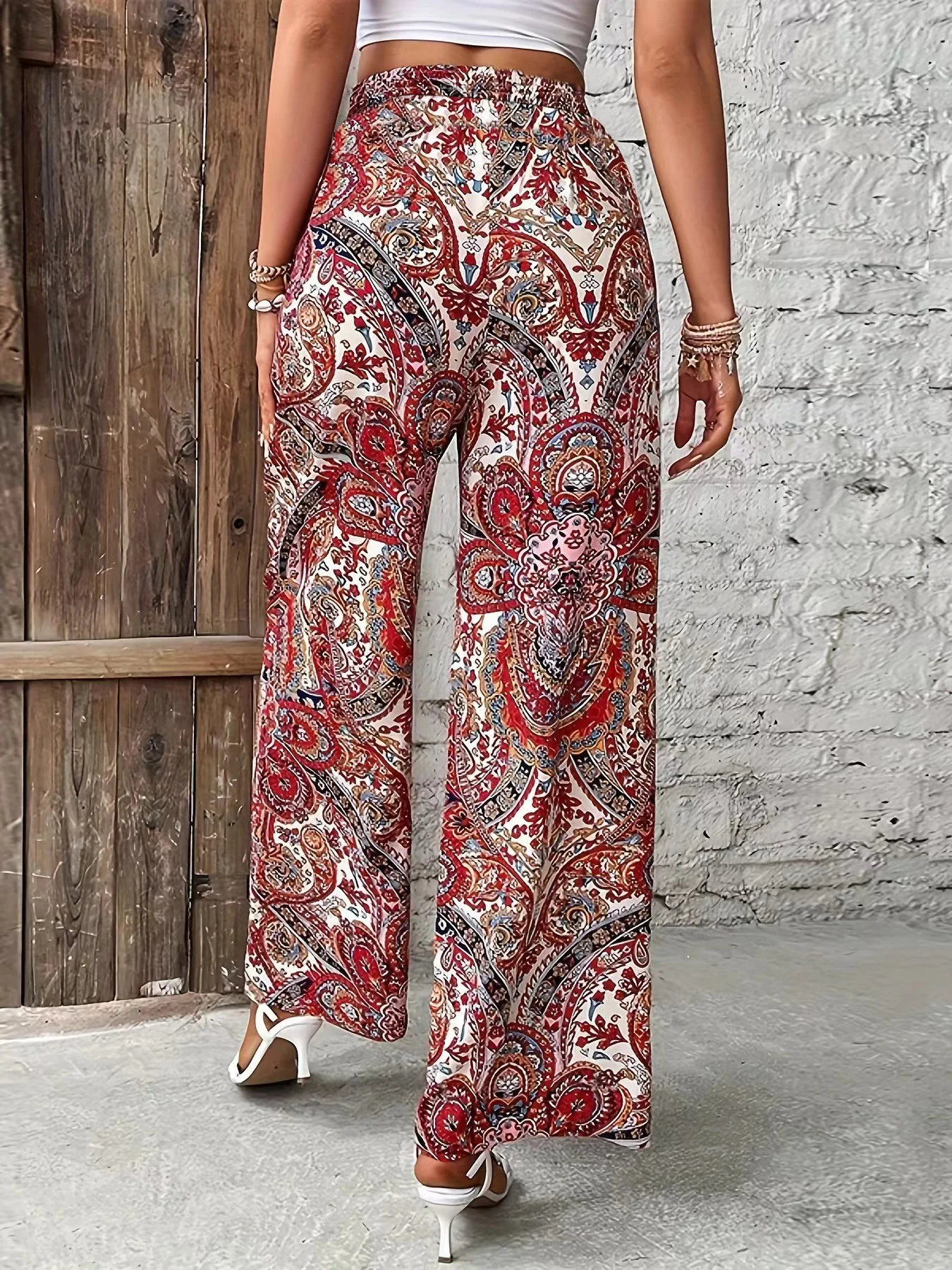 Bohemian style Paisley printed casual wide leg pants for women