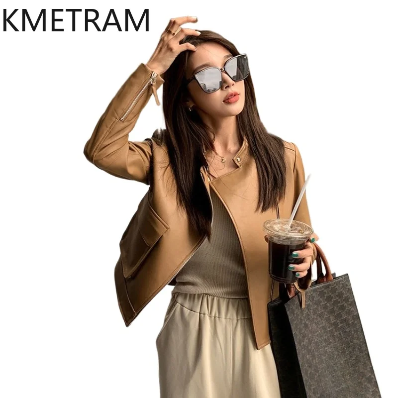 

KMETRAM Genuine Sheepskin Leather Jacket Woman Stand Collar Short Biker Coat Real Leather Jackets 2026 Fall Women Clothes casaco
