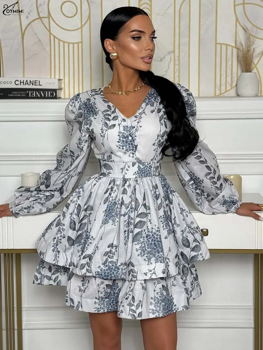 Oymimi Fashion Grey Print Women's Dress Elegant V-Neck Long Sleeve High Waist Dresses Casual Cascading New Ruffled Mini Dresses