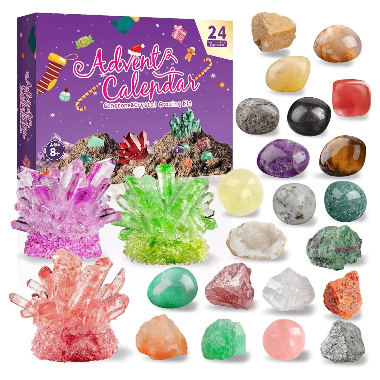 Minuterie pour salle de classe, calendrier de l'avent en cristal 2025, pour enfants, 24 pierres précieuses et pierres naturelles, calendrier de l'avent avec horloge à tir