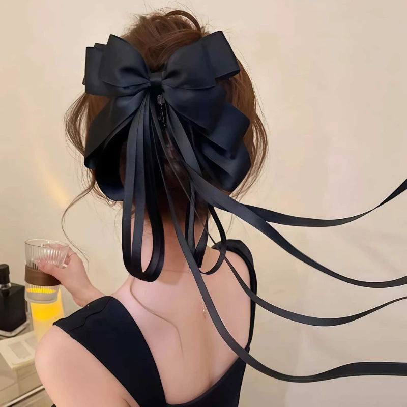Black Bow Ribbon Hair Claw, Elegant Ballet Style Shark Clip for Women Half Updo Hairstyle Hair Accessories