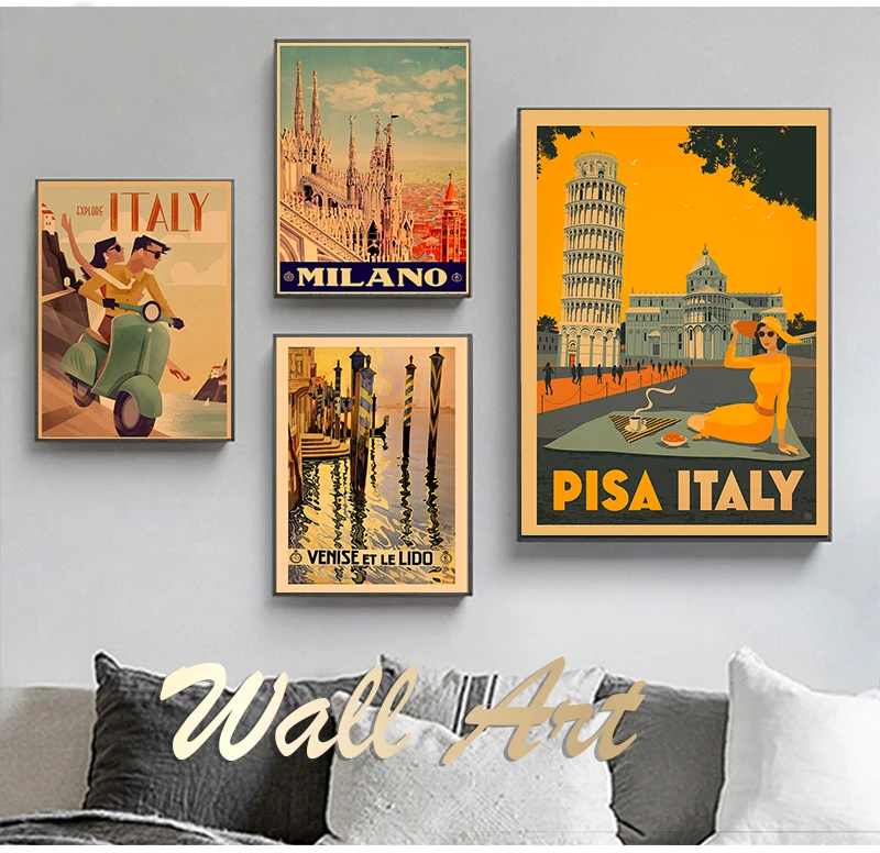 Canvas Painting Vintage Wall Pictures Kraft Posters Coated Wall Stickers Home Decoration Gift Travel to Italy Milano Venezia