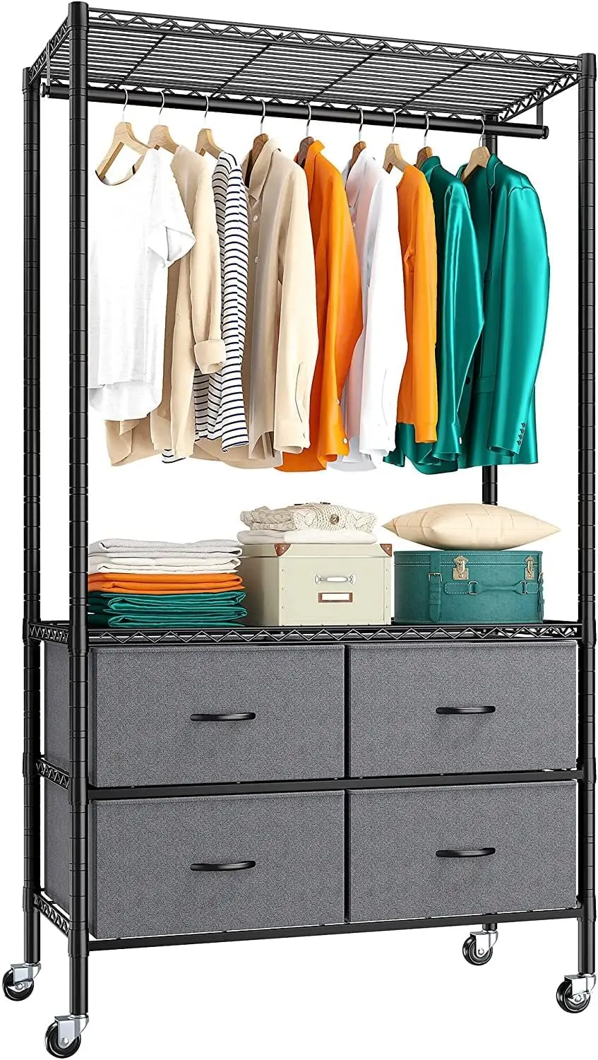 

Вешалка для одежды на колесиках для подвешивания одежды Вешалка для одежды с 4 тканевыми ящиками и колесами Портативная регулируемая прочная черная