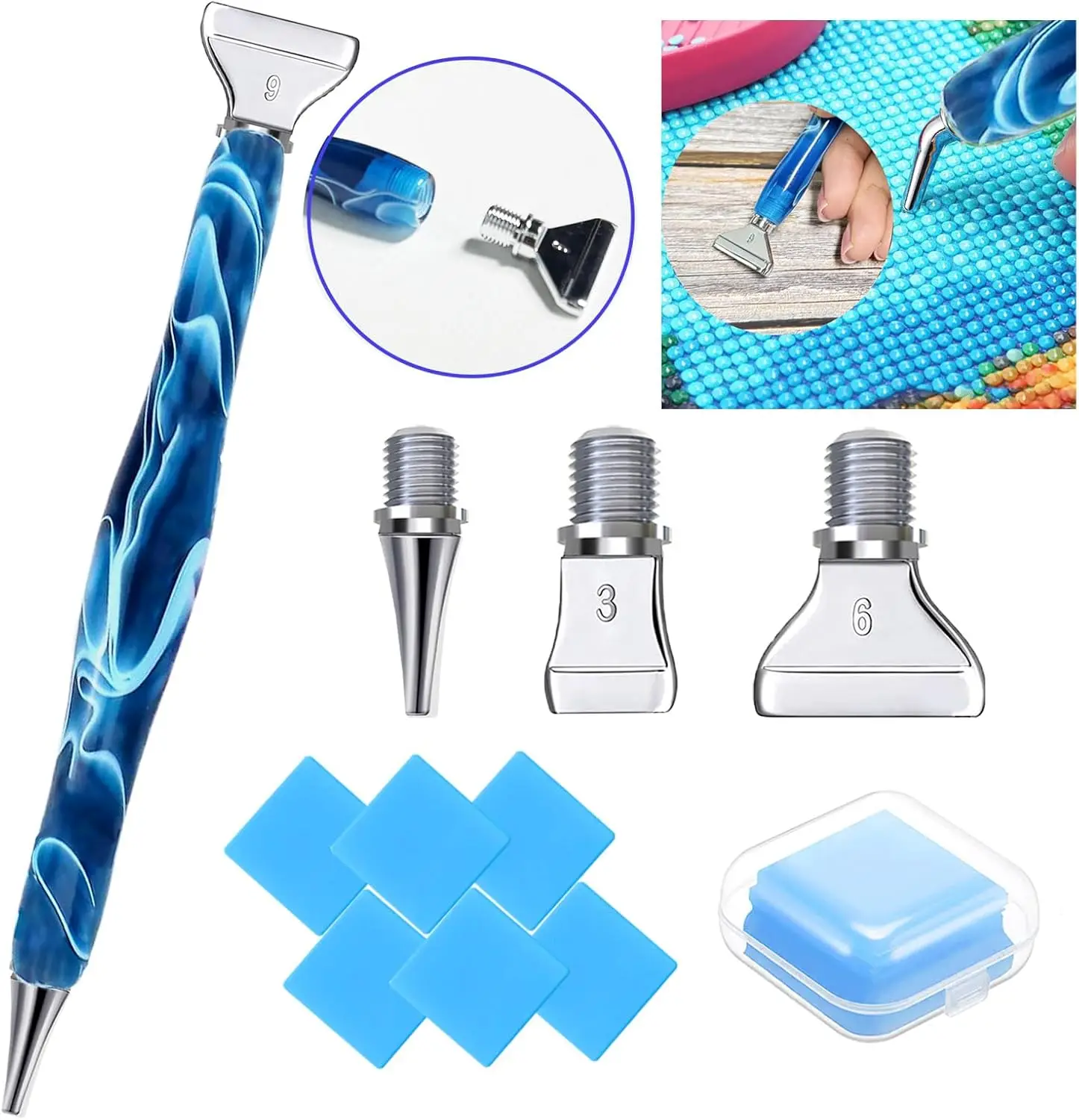 

Diamond Painting Pen Set with Screw Metal Tips, No More Loose, Ergonomic Grip, Blue Pen & Silver Tips