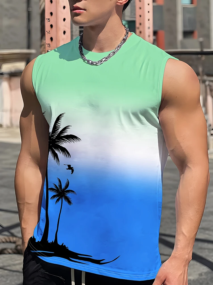 

Летняя повседневная спортивная майка, уличная приморская мужская модная футболка без рукавов, мужской топ без рукавов в гавайском стиле с 3D принтом