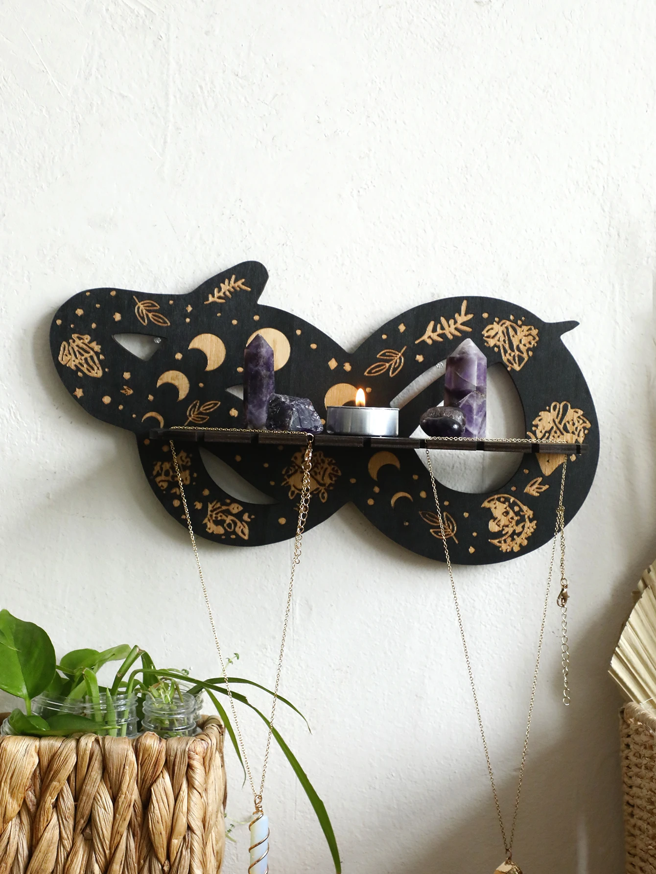 Gothic Snake Floating Wall Shelf Crystal Shelf Wooden Wall-Mounted Shelves Moon Phase Candles Display Stands Witchy Home Decor