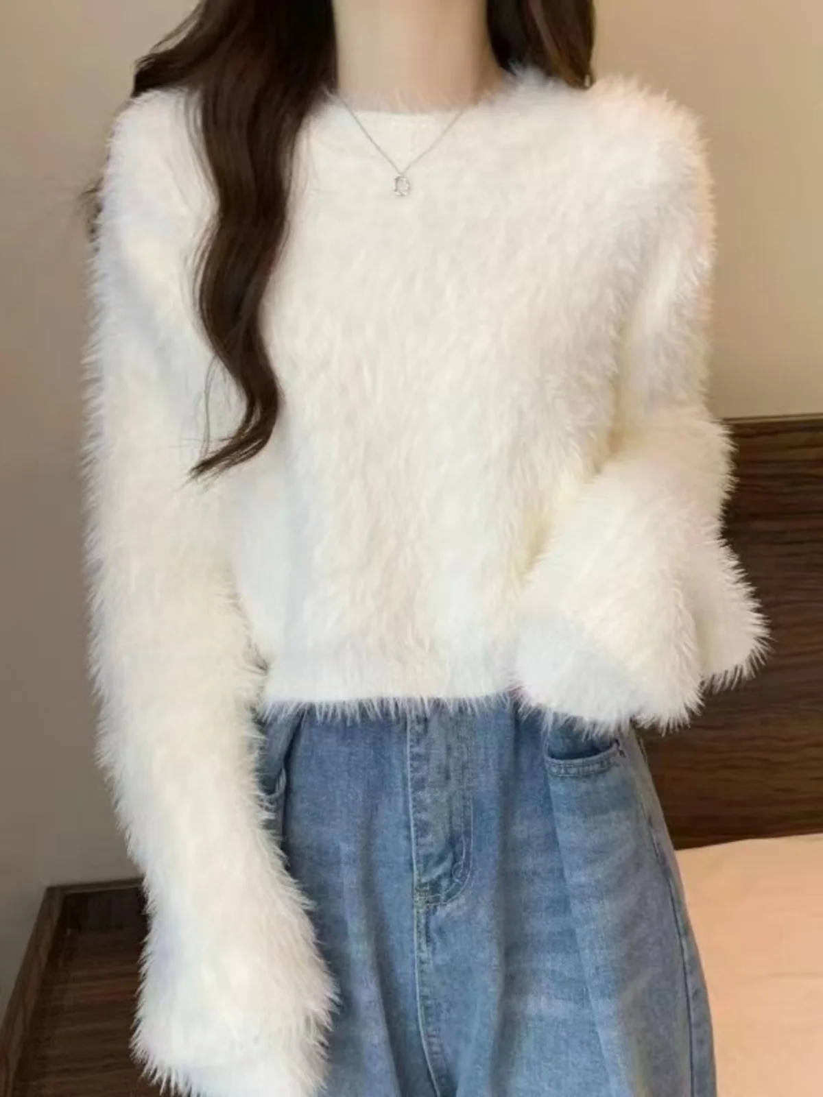 

White Soft ort Knitted Mink Vest Women's Spring Autumn Inner Wear Small Size Sweater Camere Top Loose Fit Long Sve