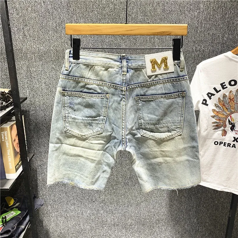 Summer Men's 5-Point Short Shorts Washed Straight Leg Jeans Fashionable Personality Casual mid Waist Zipper Fly Breathable