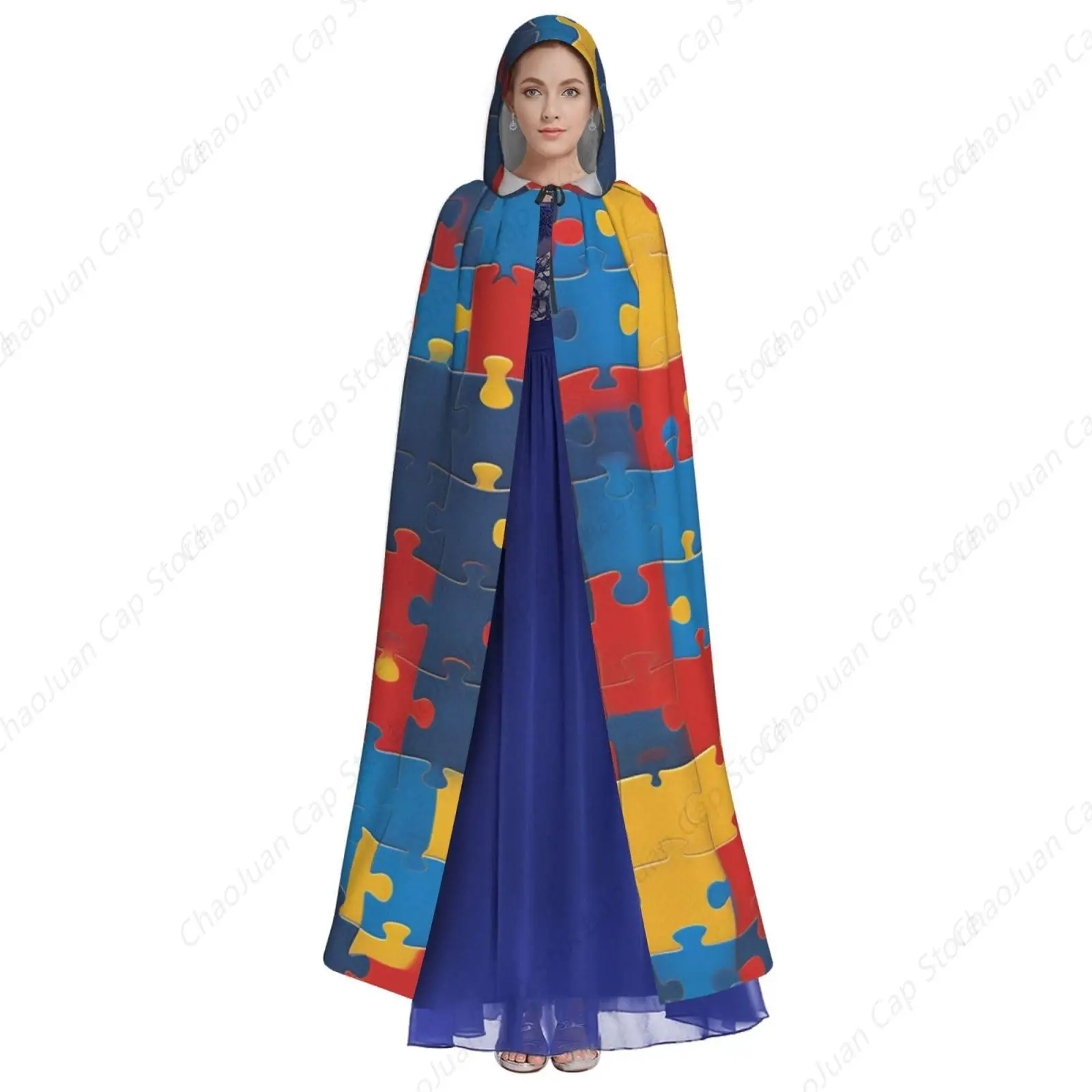 Cloak Tunic Hooded Robe Halloween, Cosplay Costumes Robe Hooded Cape Compatible with Vintage Autism Awareness Colorful Puzzles