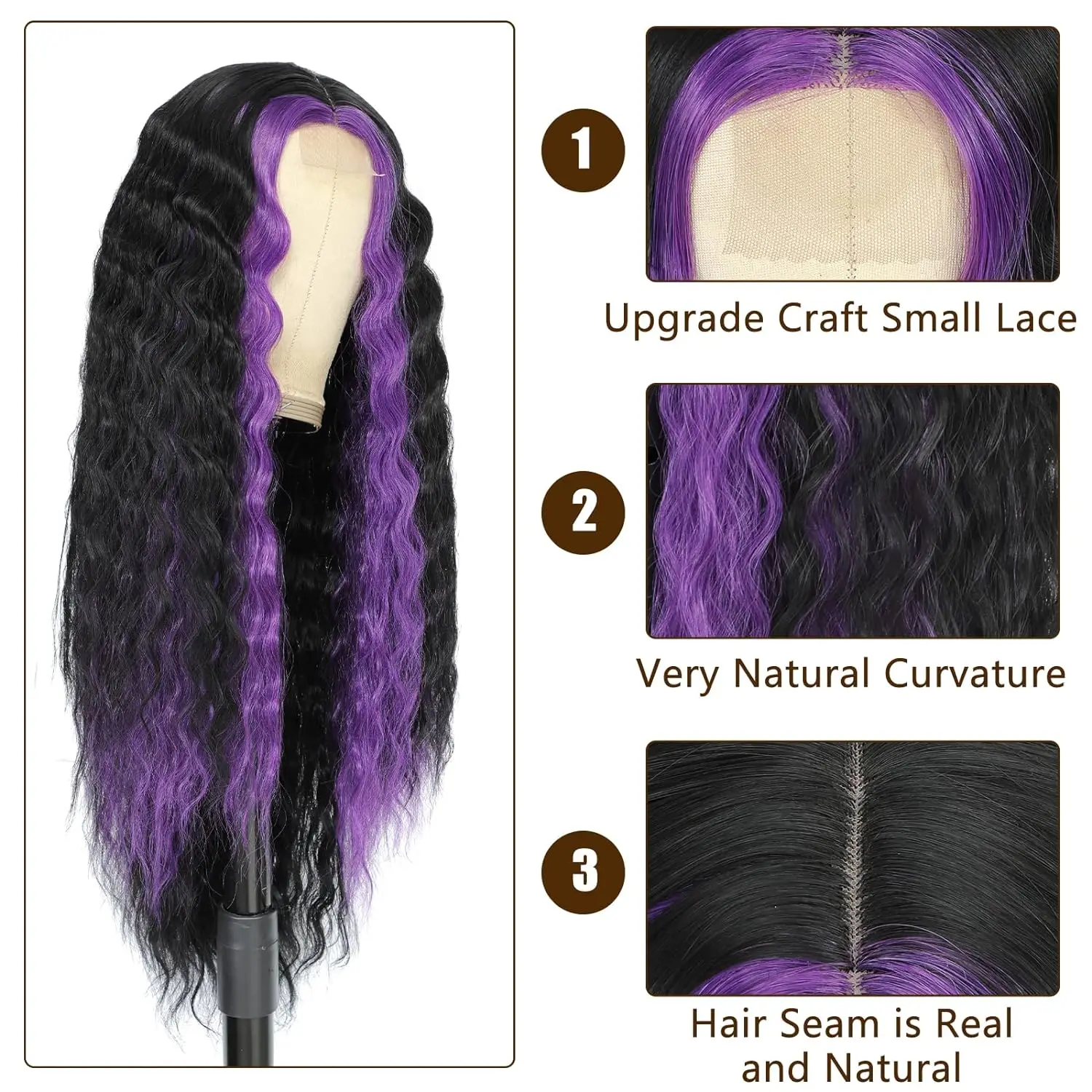 شعر مستعار مجعد اصطناعي مع ضوء أرجواني للنساء ، موجة عميقة طويلة ، تجعيد طبيعي ، تجعيد ، ظربان ، شريط ، دانتيل أمامي ، داي