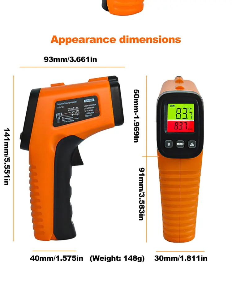 Hochempfindliche digitale Infrarot-Messpistole, Hygrometer, Hintergrundbeleuchtung, Bildschirm, Laserpositionierung, berührungslose Temperatur – Detail 17