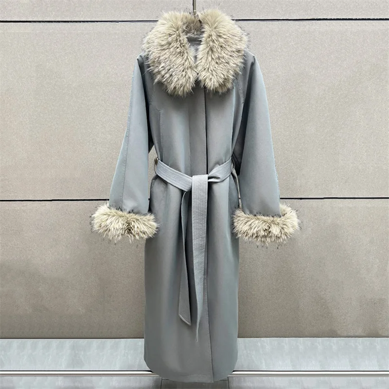 women's trench coat New winter 2026 detachable fur collar long women's jacket Belt slimming cotton clip women's windbreaker y2k