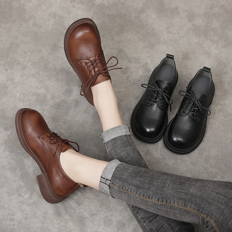 

Retro Genuine Leather Flat Bottom Women's Shoes Comfortable Lace-Up round Head Autumn New Style Small Leather Shoes