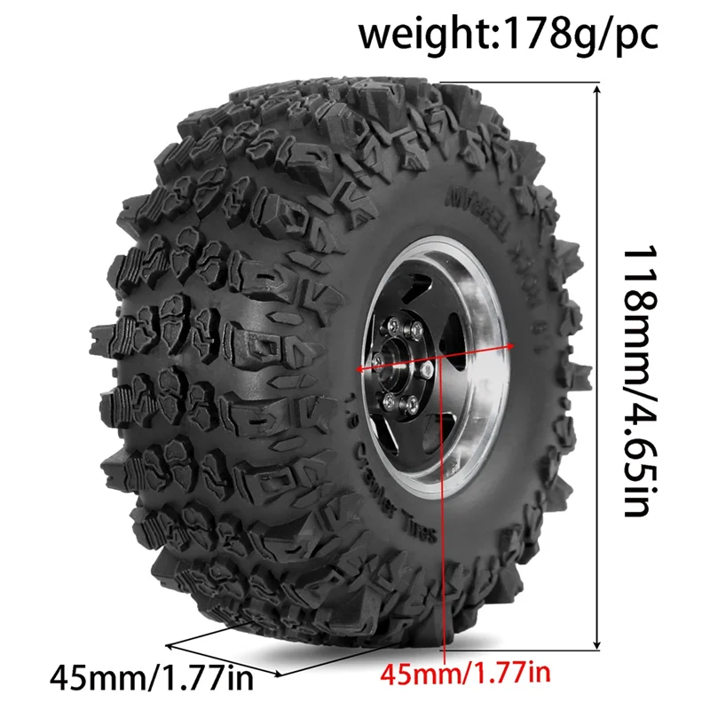 AD-4Pcs 1.9 Inch Metal Tire Wheels With 118Mm OD Tires For Axial SCX10 D90 Wraith 1/10 RC Climbing Crawler Car Parts
