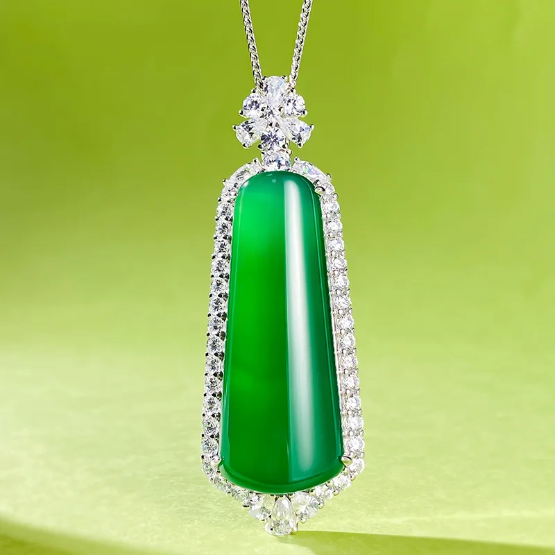 

New S925 Silver Inlaid Jade Emperor Green Step By Step Pendant with Green Chalcedony Necklace Adjustable