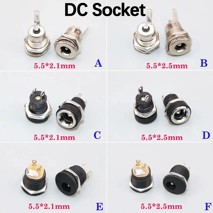 2PCS 5.5x2.5mm 5.5x2.1mm DC Power Plug Female Jack Socket Nut Panel Mount DC Power Adapter Connector Circle DC Socket Female