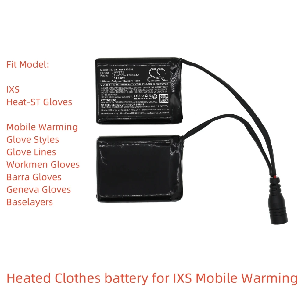 

Li-Polymer Heated Clothes Battery for IXS | Mobile Warming | 7.4V, 2000mAh | Compatible with Models: Heat-ST Gloves, Glove Style