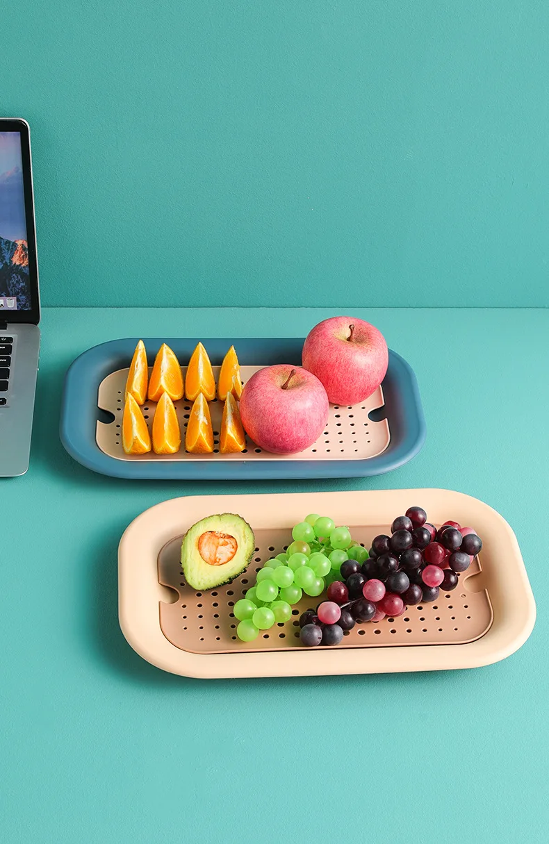 

35x25cm Multifunctional Plastic Two Layer Drain Rectangular Storage Tray Desk Storage Organize Fruit Serving Tray OK 1183