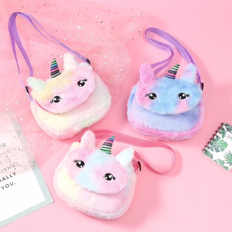 Cute Fluffy Fur Cartoon Unicorn Messenger Bag For Girls Plush Mini Rainbow Color Crossbody Bag Birthday Party Gift