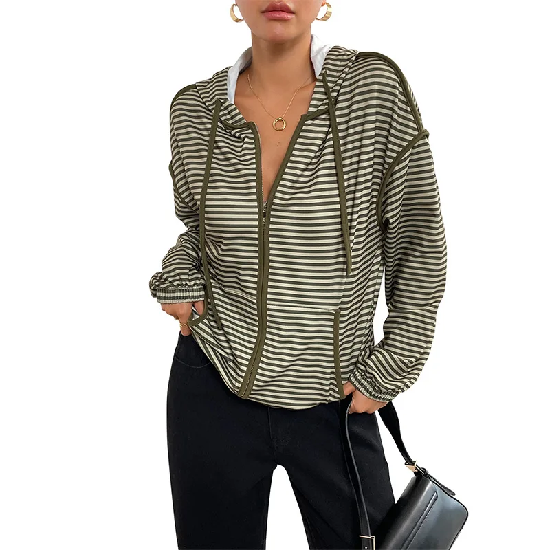 2025 New Autumn Commuting Date Lazy Hooded Striped Women's Casual Jacket