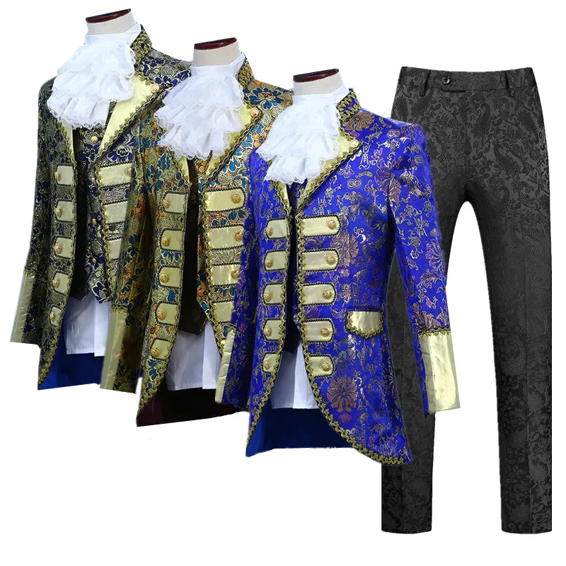 

Victorian Christmas Attire - Jacquard Tailcoat with Gold Trim, Men Holiday Party Costume Suit for Christmas Balls & New Year Eve