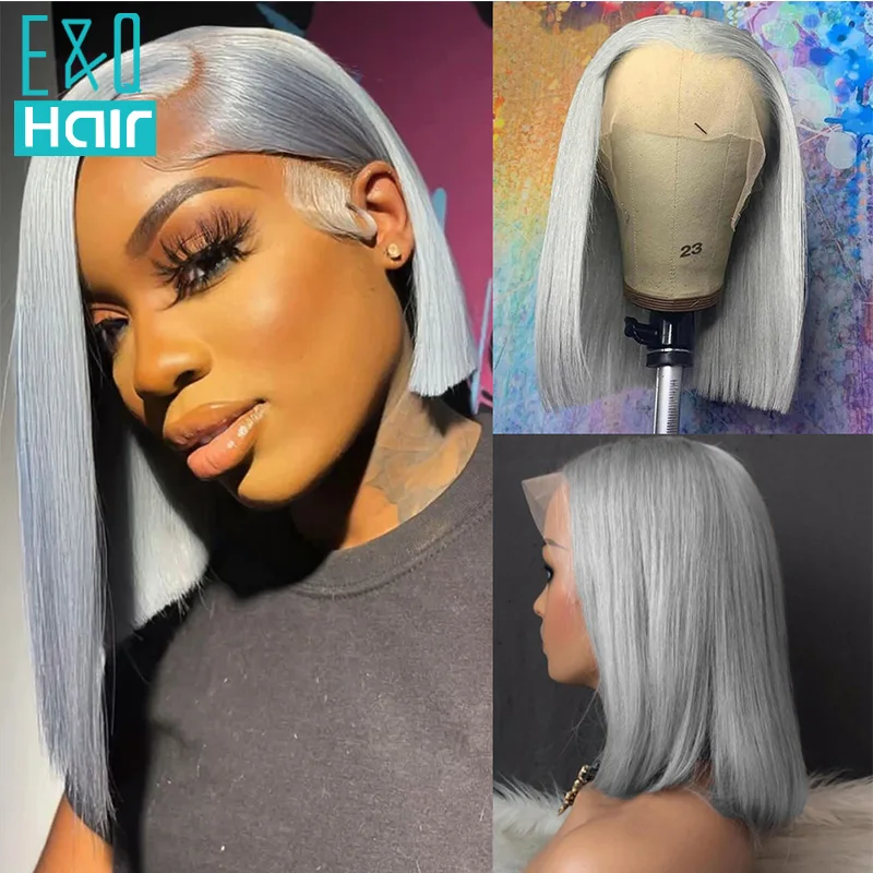 

13X4 Transparent T Part Lace Front Human Hair Wig Straight Short Bob Pixie Cut Grey Colored Frontal Wigs Pre Plucked For Woman