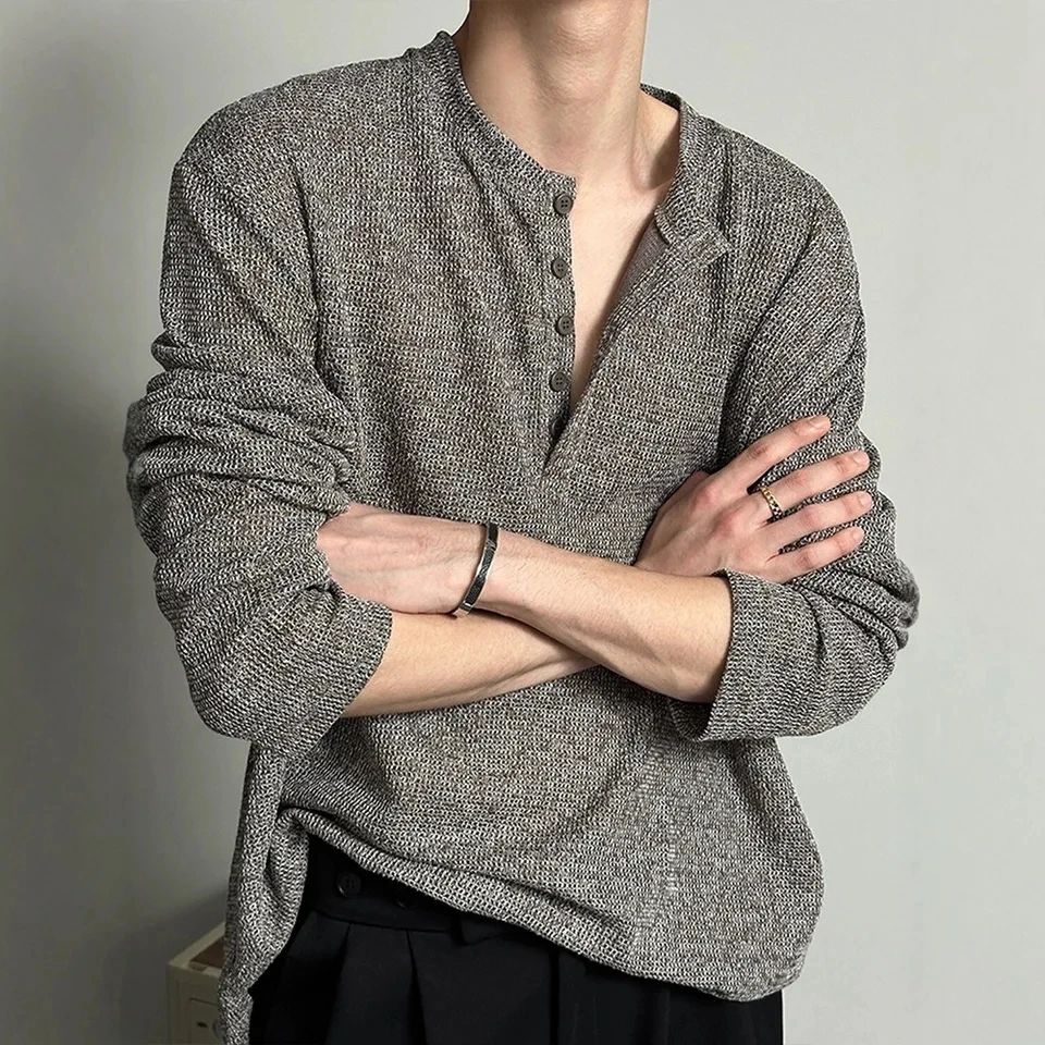 

2025 New Retro Textured Hollow Out Henley Collar Long Sleeve T Shirt Men Spring Loose Lazy Style Top