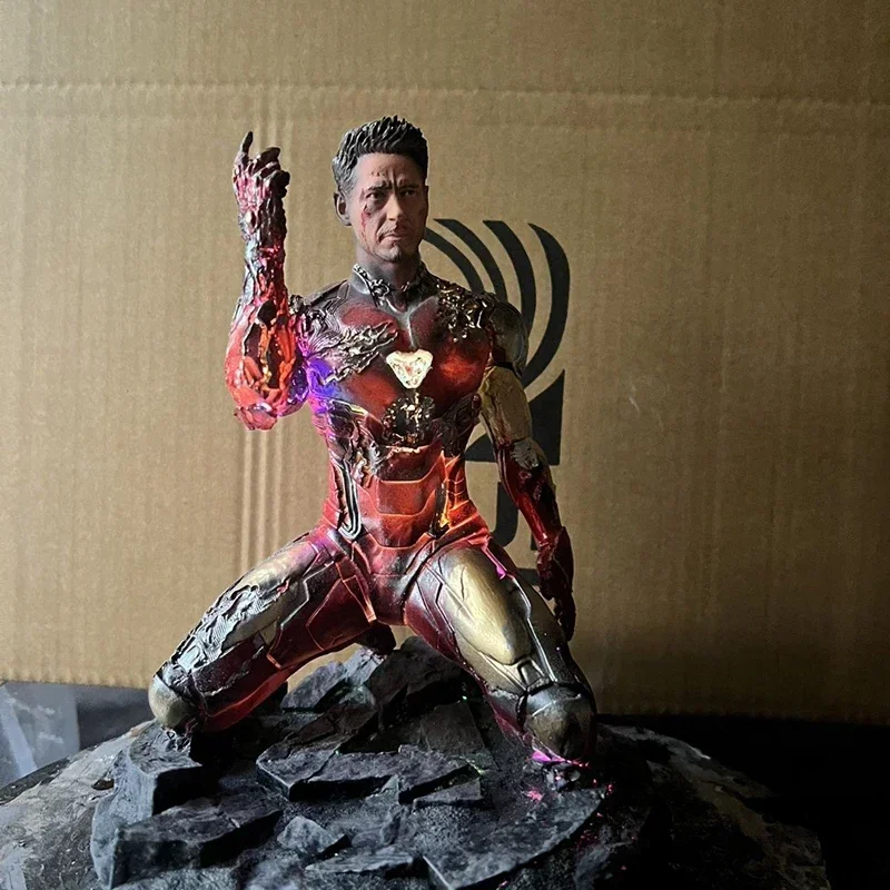 

In Stock Illuminated Iron Man Finger Snapping Statues Action Figures Avengers Endgame Ironman Kneeling Model Toys Collectible