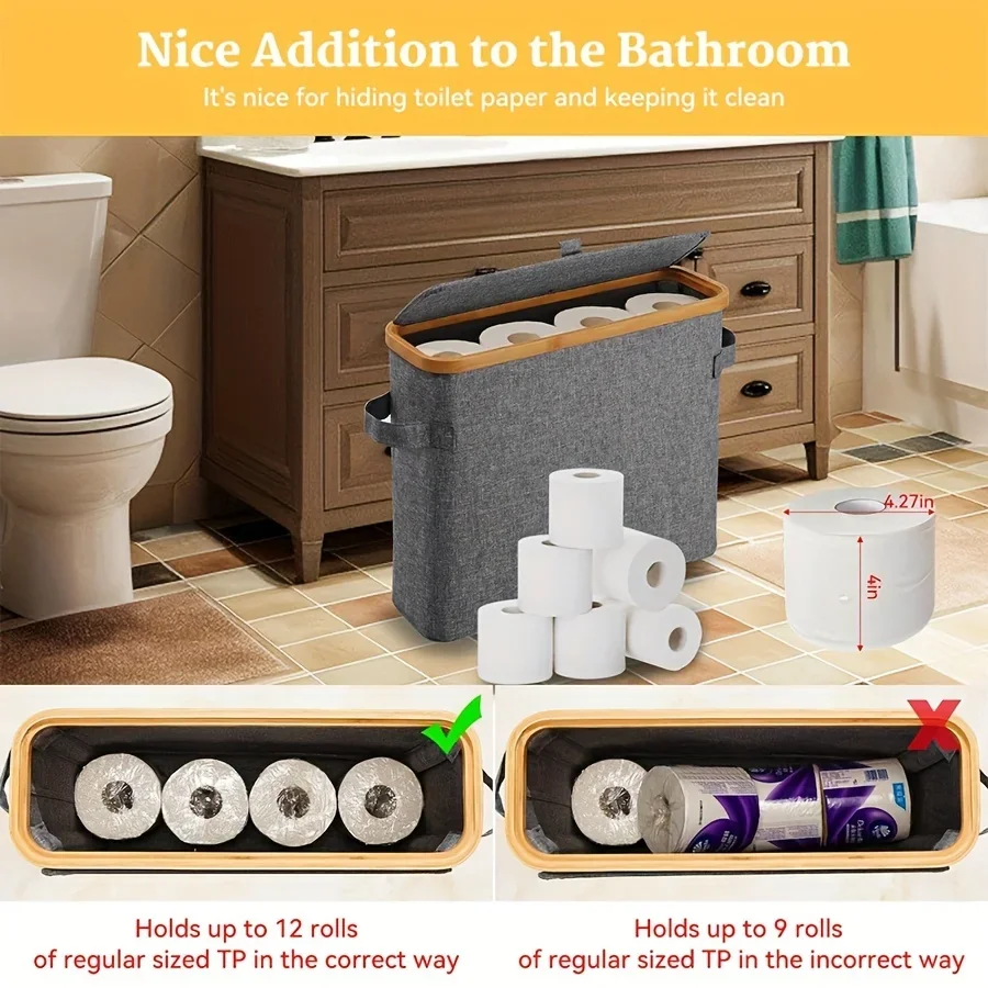 12Rolls Bamboo Toilet Paper Holder With Lid-Self-Contained Bathroom Organizer Basket with Handle for Tissues & Accessories view 3