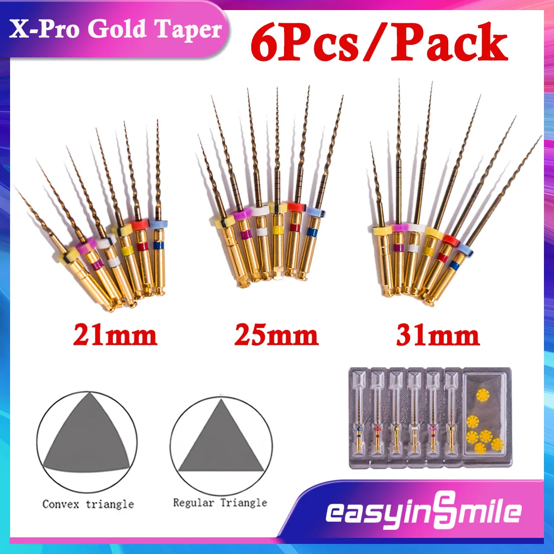 Easyinsmile Endodontic X-Pro Gold Taper Rotary Niti Files Dental Endo Files SX-F3 21/25/31MM Assorted Engine Tips