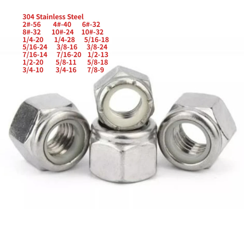 1-100pcs UNC/UNF 2 4 6 810# 1/4 5/16 3/8 7/16 To 7/8-9 304 Stainless Steel Hex Nylon Insert Lock Nut Self-locking Nylock Locknut