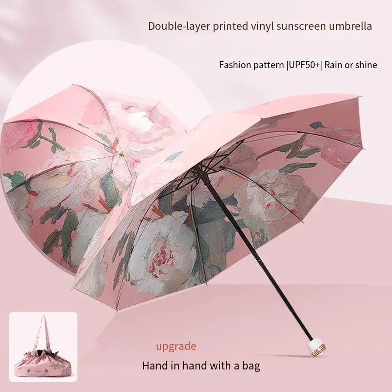 UPF50 + مظلة قابلة للطي طبقة مزدوجة مظلة المطر الشمس مع حقيبة التخزين حماية من الأشعة فوق البنفسجية طلاء الفينيل مظلة ظل الشمس المظلة #3