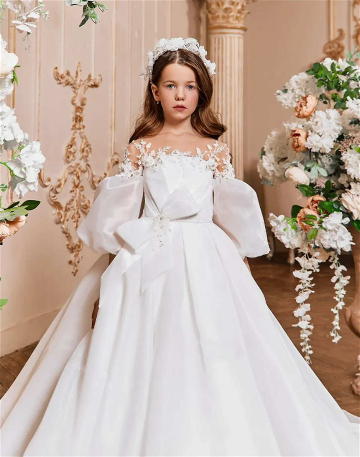 

Flower Girl Dress White Fluffy Stain Sparkle Bow Applique Low Neck Wedding Flower Child's First Communion Birthday Party Dress