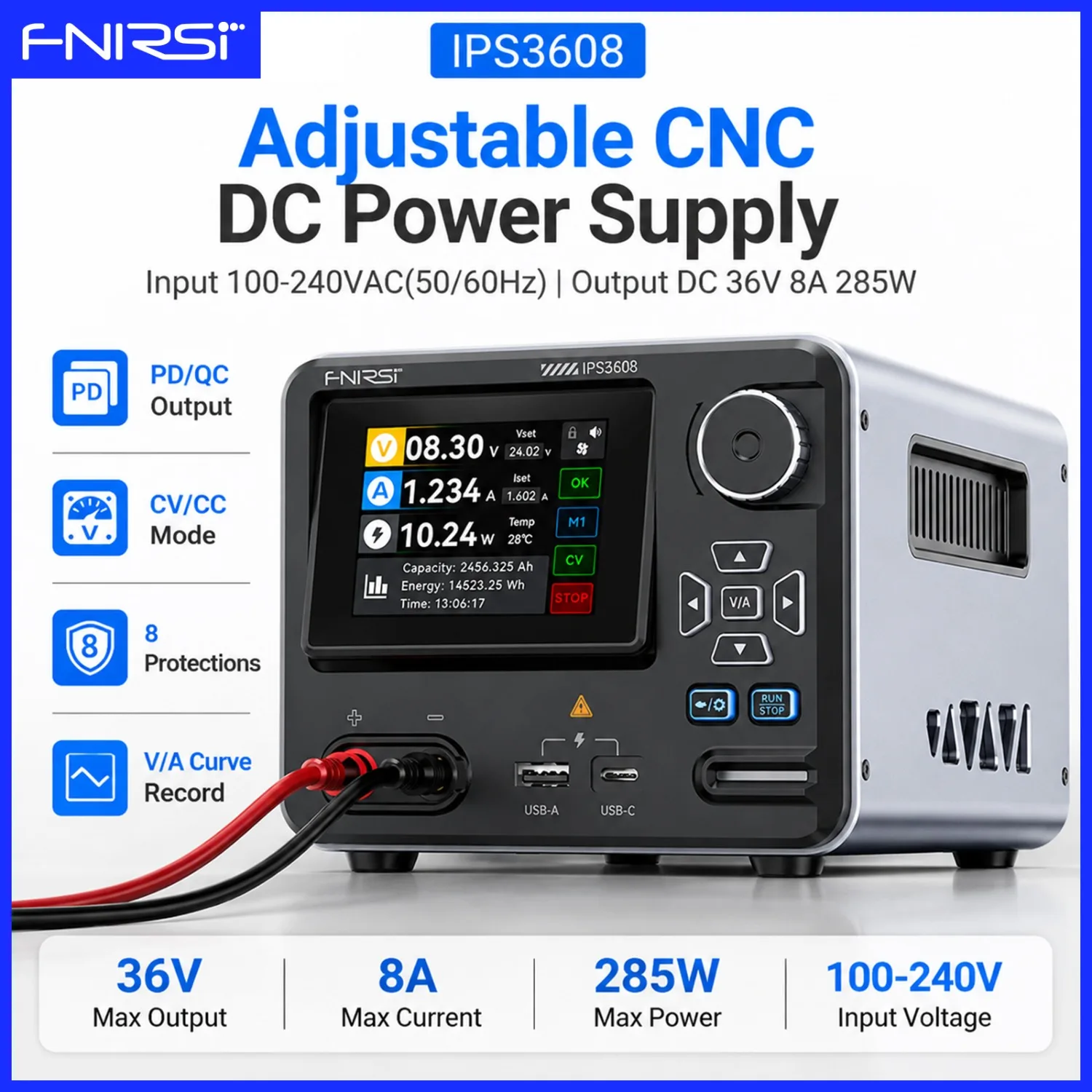 FNIRSI IPS3608 CNC Variable Benchtop DC Power Supply 36V 8A 285W V/A Curve Recorder PD QC USB Fast Charge for Repair Lab Testing