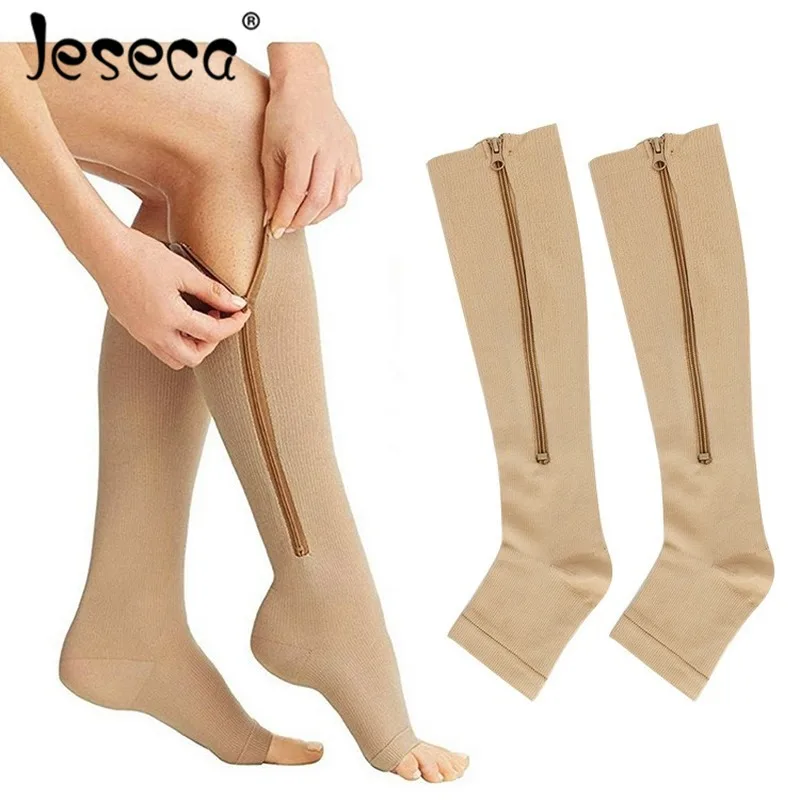 

Jeseca New Women Stockings Compression Underwear Open Toes With Zipper Varicose Vein Pressure Circulation Knee High Long Sox