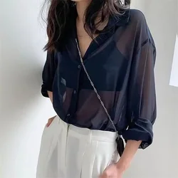 Shirt for Women Blouse Long Sleeve Top Chiffon Summer Simple Sun-proof Fashion All-match Basic Korean Sexy Solid Casual Shirt