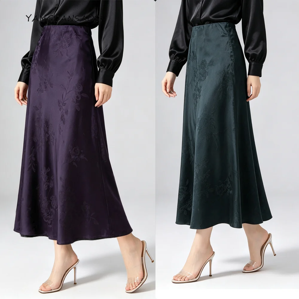Retro 100% Natural Mulberry Silk Jacquard Fragrance Cloud Yarn Extended Diagonal Cutting Slimming Women's Fashion Evening Skirt
