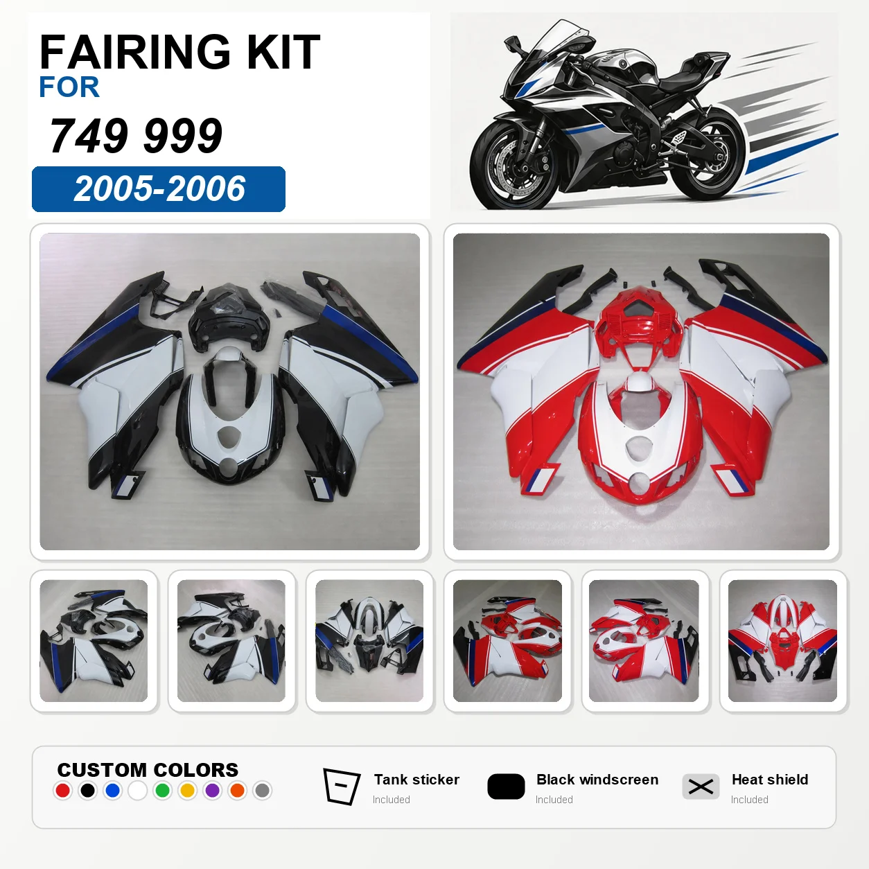 For 749 999 2005 2006 Full Fairing Kit ABS Plastic Motorcycle Fairings Bodywork Cowling Easy Installation White Blue