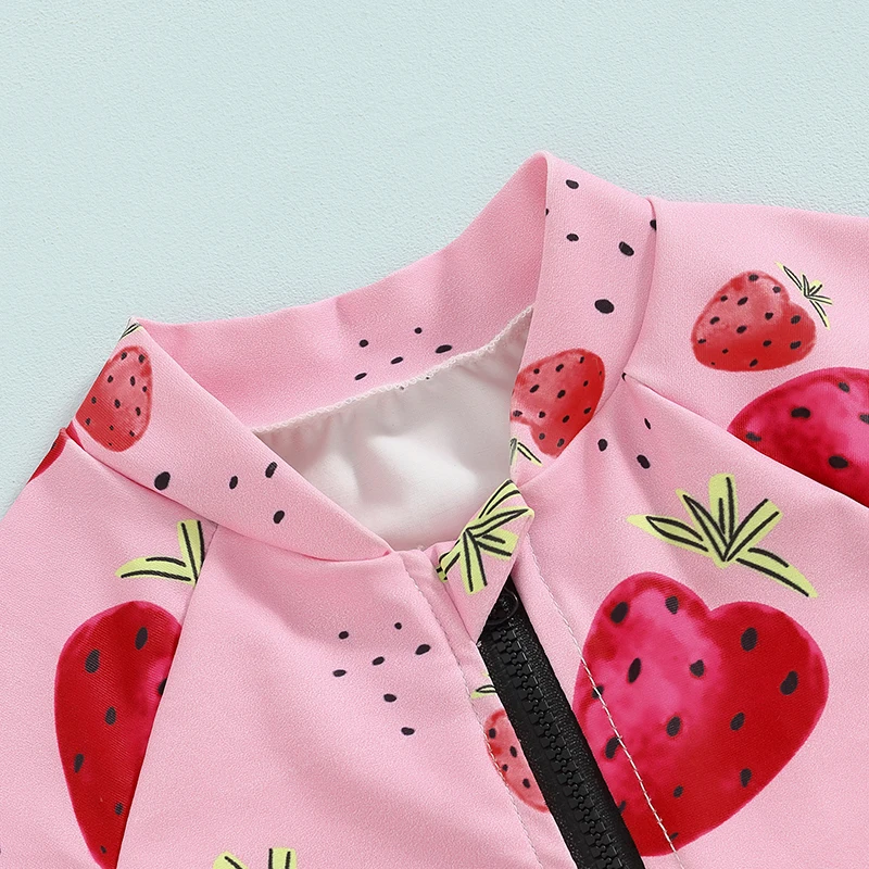 

Summer Baby Girls Swimwear Short Sleeve Zipper Strawberry Print Swimsuits for Toddler Bathing Suits