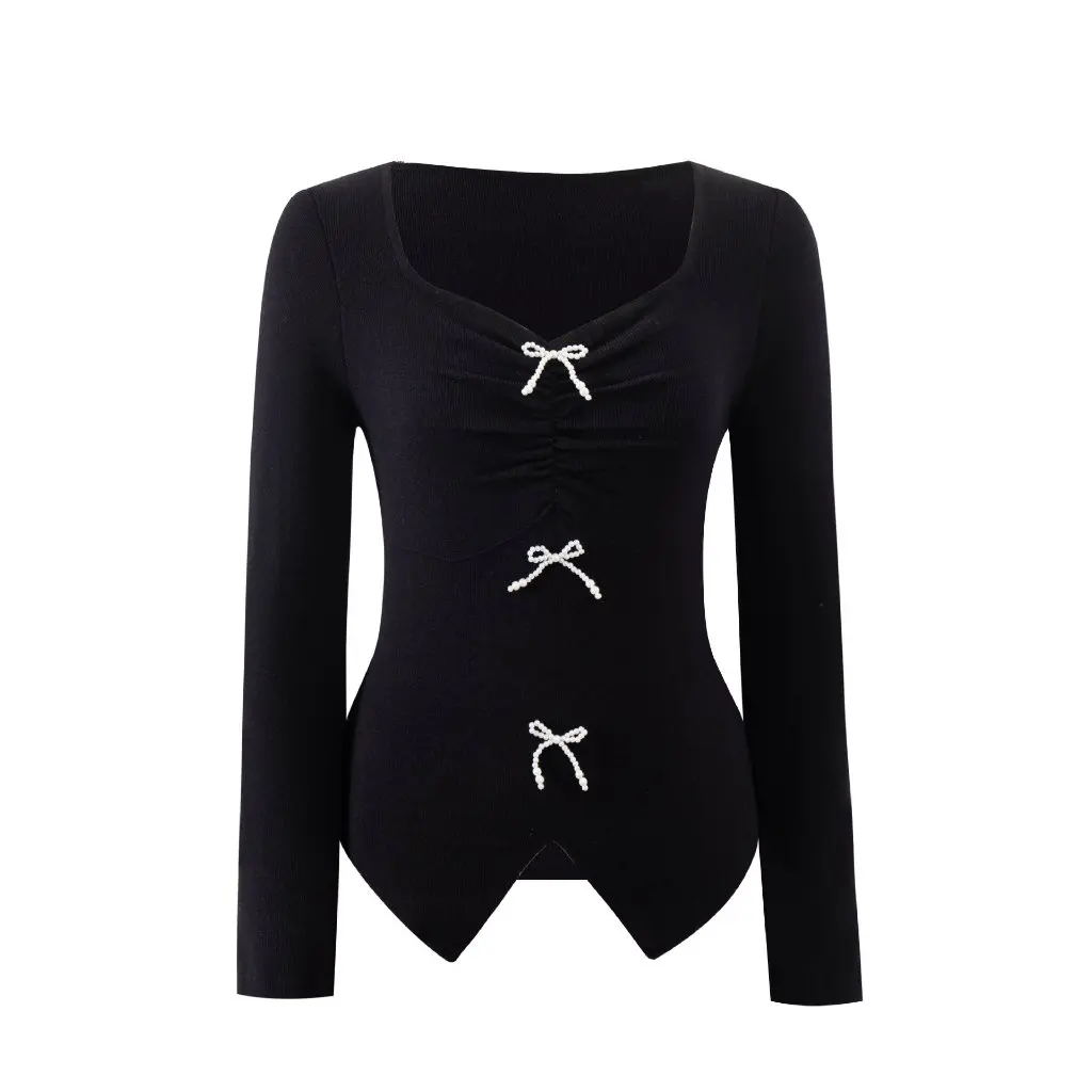 

Women's Square Collar Pleated Bow Long-Sleeved Sweater Slim-Fit Split Design Pure Desire Spice Girl Style Autumn