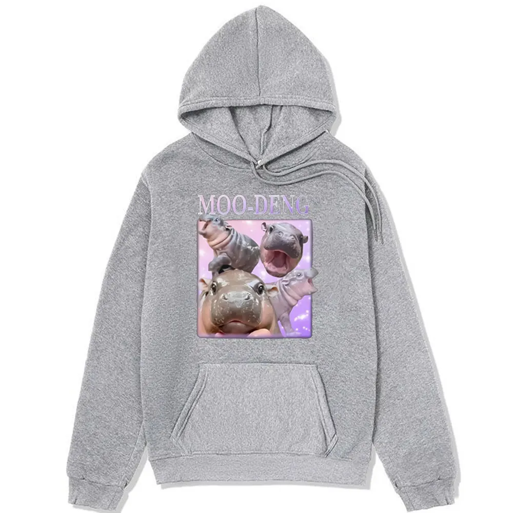 Divertido Moo Deng bebé hipopótamo Graphi impreso Sudadera con capucha hombres Vintage Harajuku sudadera ropa de calle de gran tamaño pareja polar pulóver masculino