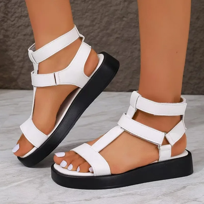 Summer Gladiator Sandals Women Calfskin Leather Open Toe T-bar Strap Hook & Loop  Summer Ladies Shoes Handmade 2024