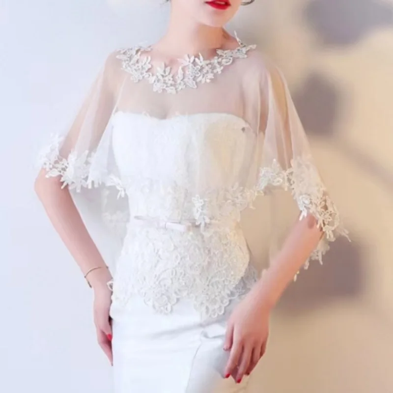 Lace Appliques Wedding Boleros Stole Tulle Short Front Long Back Bride Shrugs Bridal Capes Formal Party Coat Women Accessory