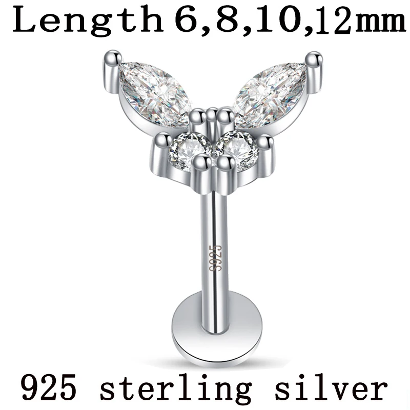 Labret Internal threaded rod Little Butterfly Lip stud Overall 925 sterling silver Body piercing Cubic zirconia Fine jewelry