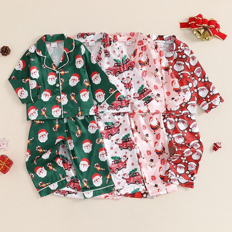 Kids Girls Christmas Pajamas Sleep Set Santa Claus Print Button up Long Sleeves Shirt and Elastic Pants Loungewear Sleepwear