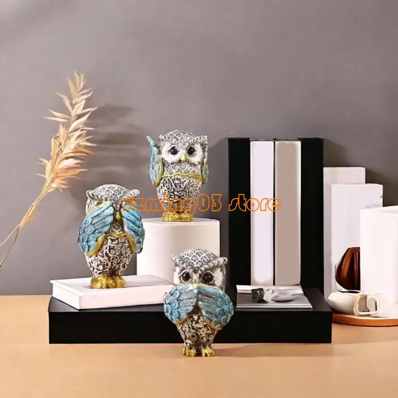 Figuras coruja H9EC 3PCS Conjunto estátuas animais fofas para sala estar e desktop do escritório